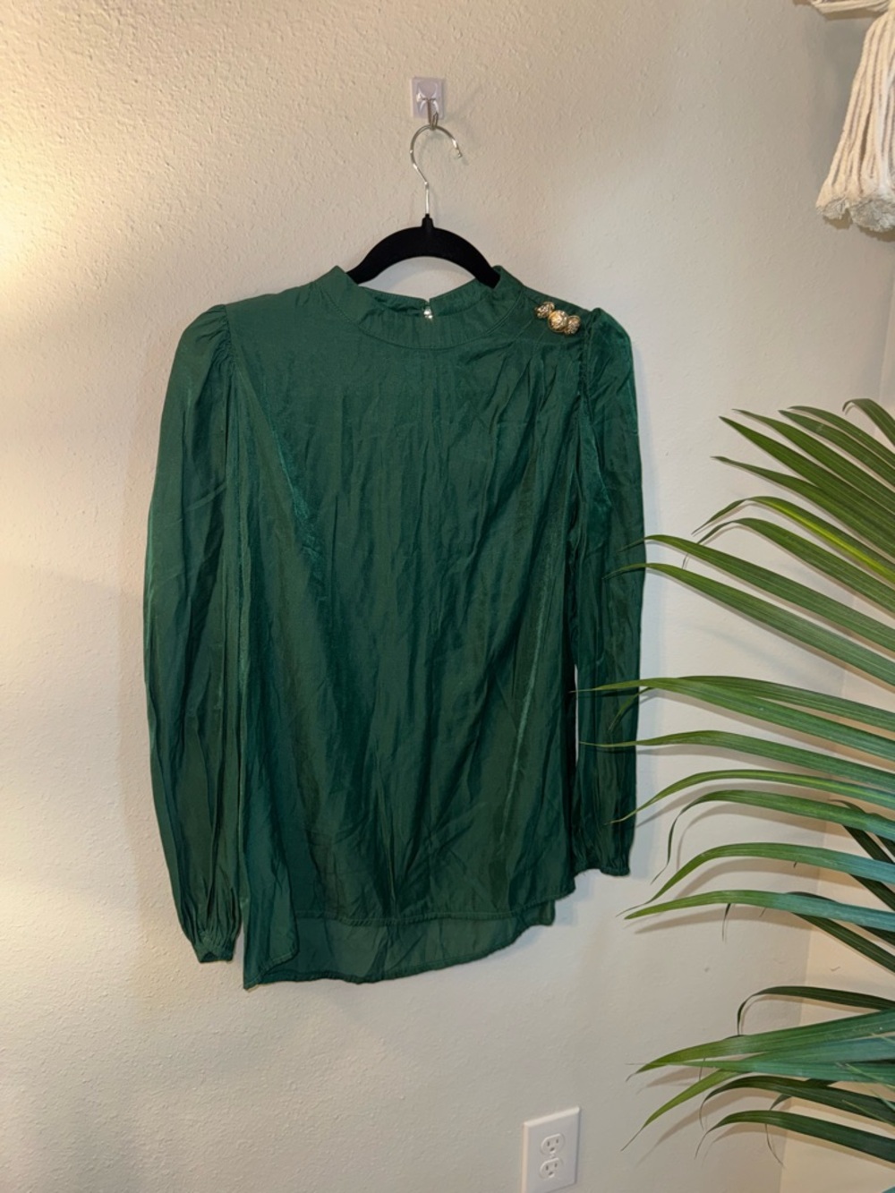 Classic Dark Green Puff Sleeve Shoulder-Button Blouse
